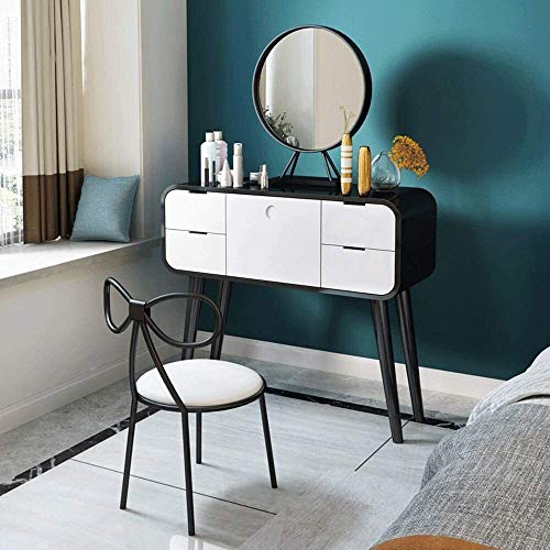 Luxury Dressing Vanity Table w/Stool for Bedroom, Nordic Dresser Desk Stainless Steel Mini Makeup Table Multifunctional Storage Room with Mirror Stool(White)