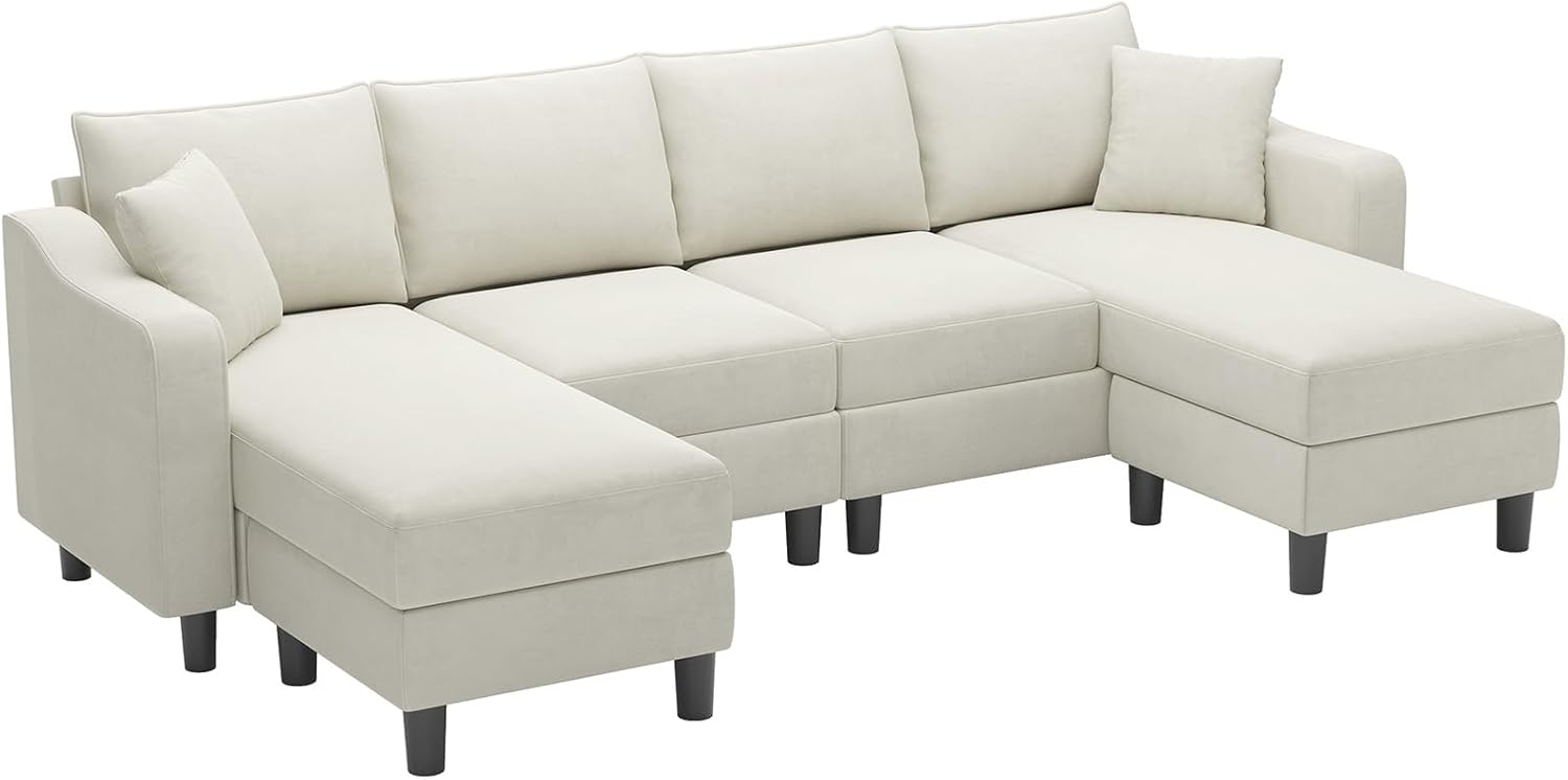 Belffin U Shaped Sectional Sofa Velvet Convertible Sofa with Reversible Chaises Sectional Couches with Ottomans for Living Room (Beige)…