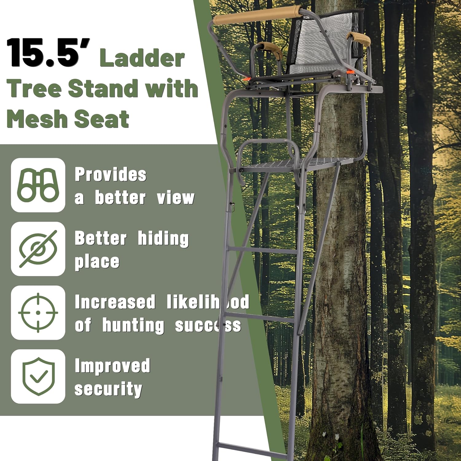 KUAFU 15.5' Ladder Tree Stand Single Ladder Stand Hunting Game Deer with Mesh Seat Hunting Gear Equipment Steel