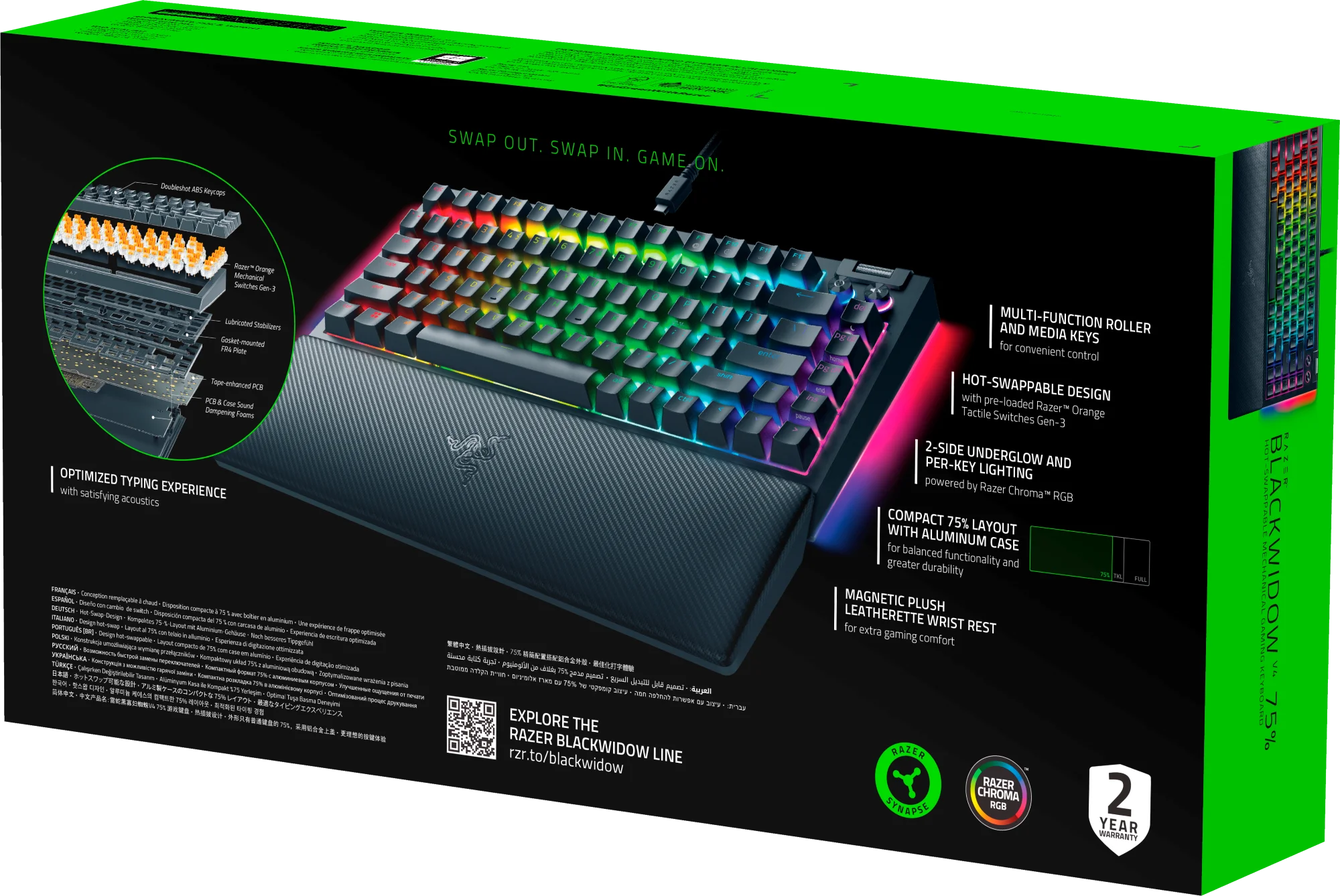 Razer BlackWidow V4 75% Hot-Swappable Mechanical Gaming Keyboard, RGB Chroma, Black