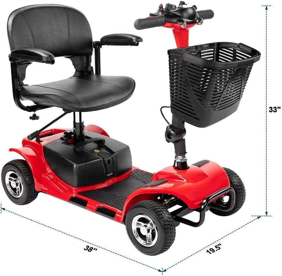 4 Wheel Mobility Scooter, Electric Powered Wheelchair Device, Compact Heavy Duty Mobile for Travel, Adults, Elderly Compact Duty Travel Scooter w/Basket Extended Battery Red