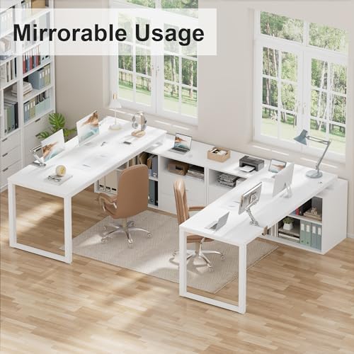 L-Shaped Desk with File Cabinet & Power Outlet, 55 Inch Large Computer Corner Table with Drawers and Storage Shelves for Home Office, White