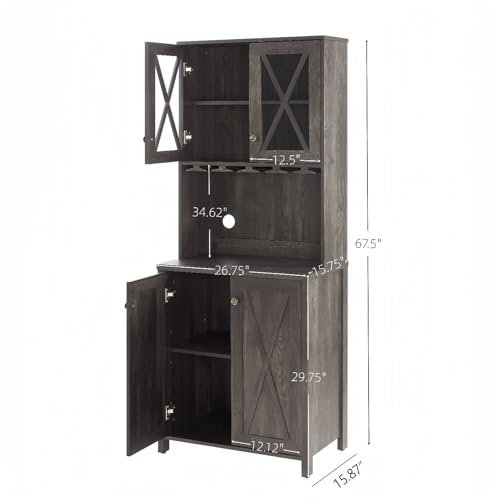 Sideboards Buffets Coffee Bar Cabinet Kitchen Pantry Cupboard Storage Serving Cabinet with Microwave Stand, Home Source Bar Cabinet and Hollow out Barn Design Wood Cabinet, Grey