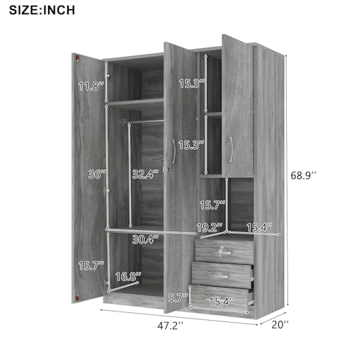 Merax Armoire Wardrobe Closet, 47.2''L*20" D*68.9" H Clothing Storage Cabinet with 6-Tier Shelves and Hanging Rod, Household Wooden Wardrobe Storage Cabinet with 3 Drawers,Grey