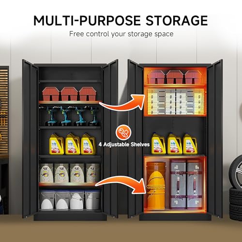 Metal Storage Cabinet with 2 Doors and 4 Adjustable Shelves,71”Lockable Cabinet,Tool Cabinet for Garage Storage, Utility Room,Home,Office,School (Black, 71 inch)