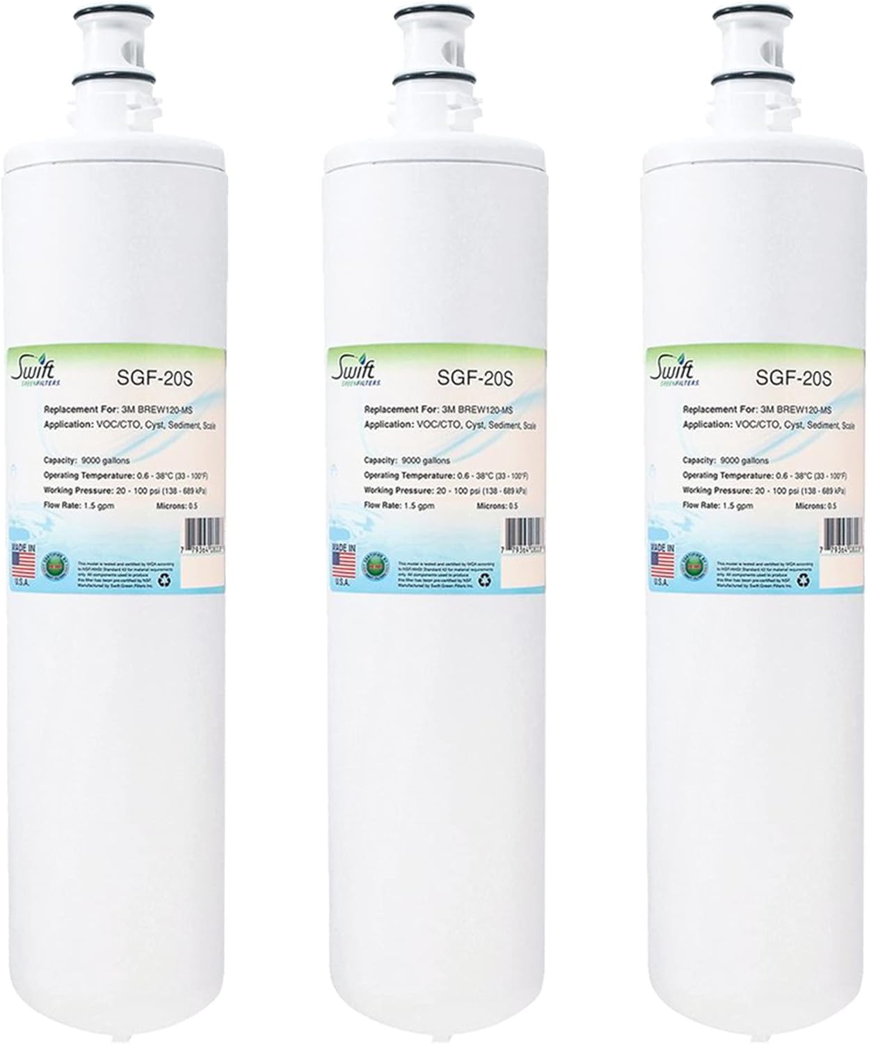 Swift Green Filters SGF-20S Compatible for BREW120-MS,HF20-S,5615103 Commercial Water Filter (3 Pack),Made in USA