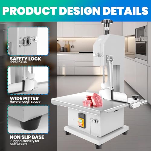 Meat Cutting Bandsaw Machine, 1500W Electric Bone Saw for Butchering with 19" x 14" Stainless Steel Workbench, 8 Saw Blades, 0.04-3.9" Cutting Thickness, Frozen Meat Cutter for Ribs (1500W)