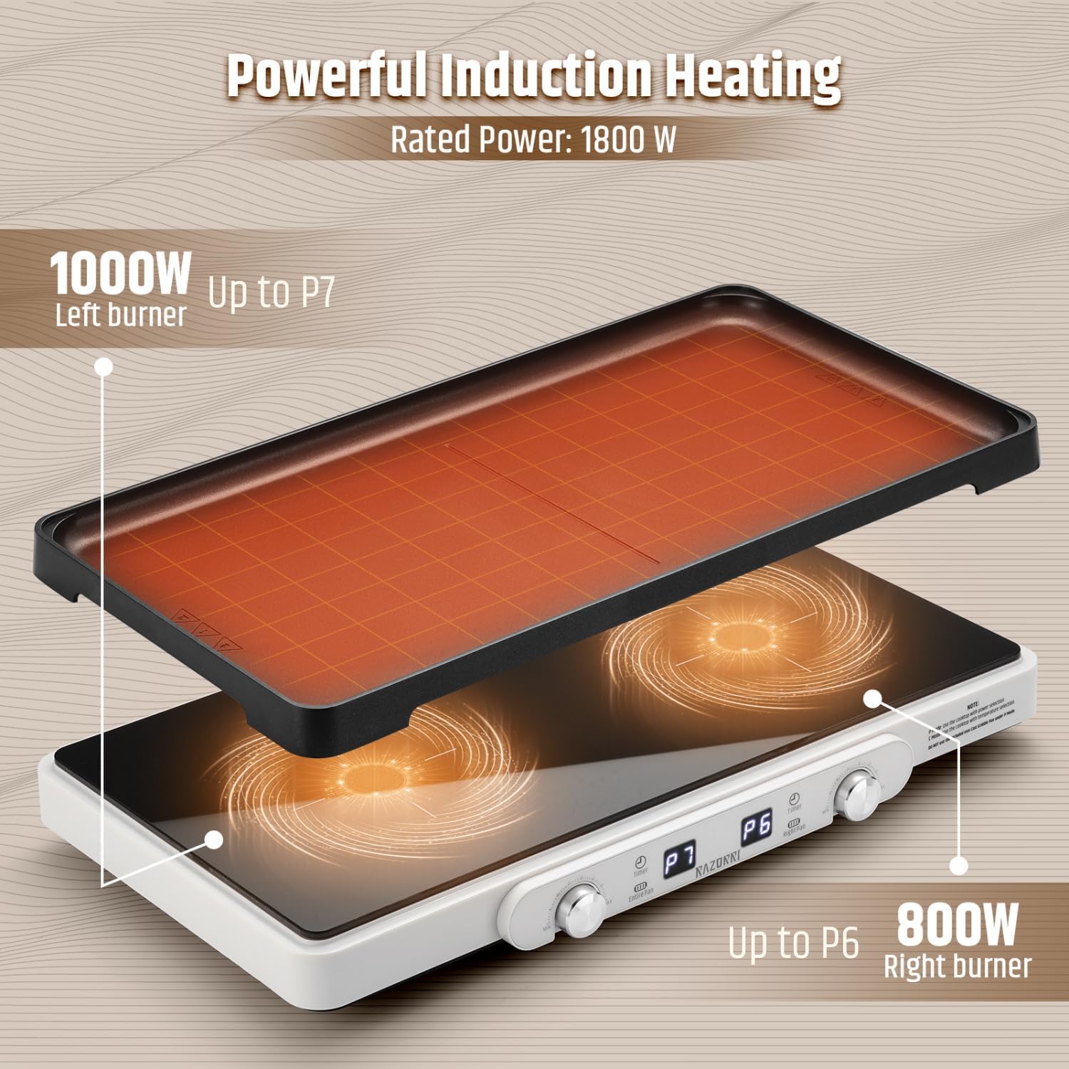 Razorri 1800W Countertop Induction Cooktop, 2 Burners Grill with 10'' Removable Non-stick Cast Iron Griddle Pan, 5 Temp Modes & 7 Power Options with Timer, Ideal for Outdoor Garden BBQ Party