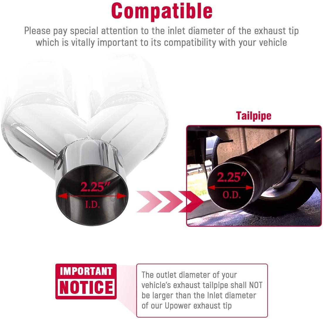 Upower 2PCS Dual Exhaust Tips 2.25 Inlet 3 Outlet Universal Car Truck 304 Stainless Steel Exhaust Tailpipe Tips 2.25 to 3 inch Weld On Tail Pipe