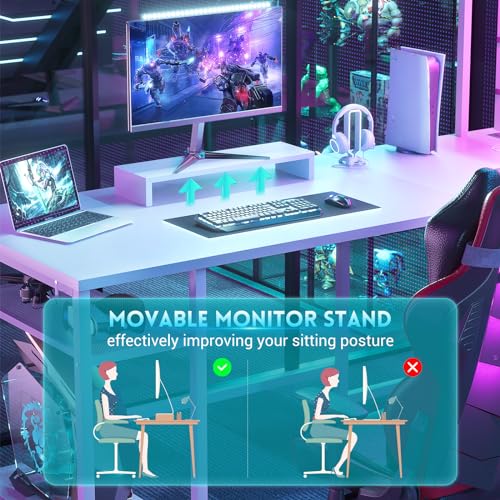 Aheaplus L Shaped Gaming Desk, 59" Gaming Desk with Power Outlet and Led Lights, Reversible L Shaped Computer Desk with Hutch & Monitor Stand, Home Office Desk L Shaped Corner Desk, White