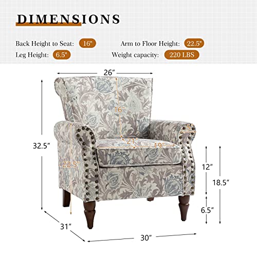 HULALA HOME Modern Wingback Accent Chair with Wood Legs & Removable Cushion, Comfy Upholstered Armchair with Nailhead Trim, Floral Pattern Single Sofa Chair for Living Room Bedroom, Pink