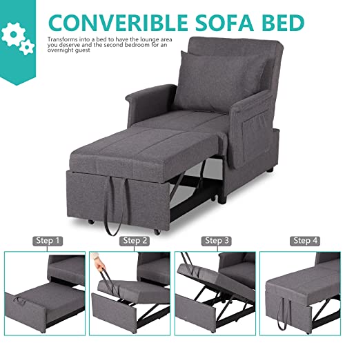 Sleeper Chair, 3 in 1 Chair Bed Sleeper for Adults, Pull Out Sleeper Sofa Convertible Single Lounge Chair with Pillow, Side Pockets for Living Room Small Space (Black)