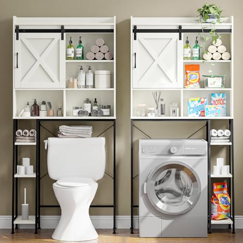 Over The Toilet Storage Cabinet, Farmhouse Storage Cabinet Over Toilet with Sliding Door && Toilet Paper Holder Stand, Home Space-Saving Toilet Rack, for Bathroom Restroom Laundry