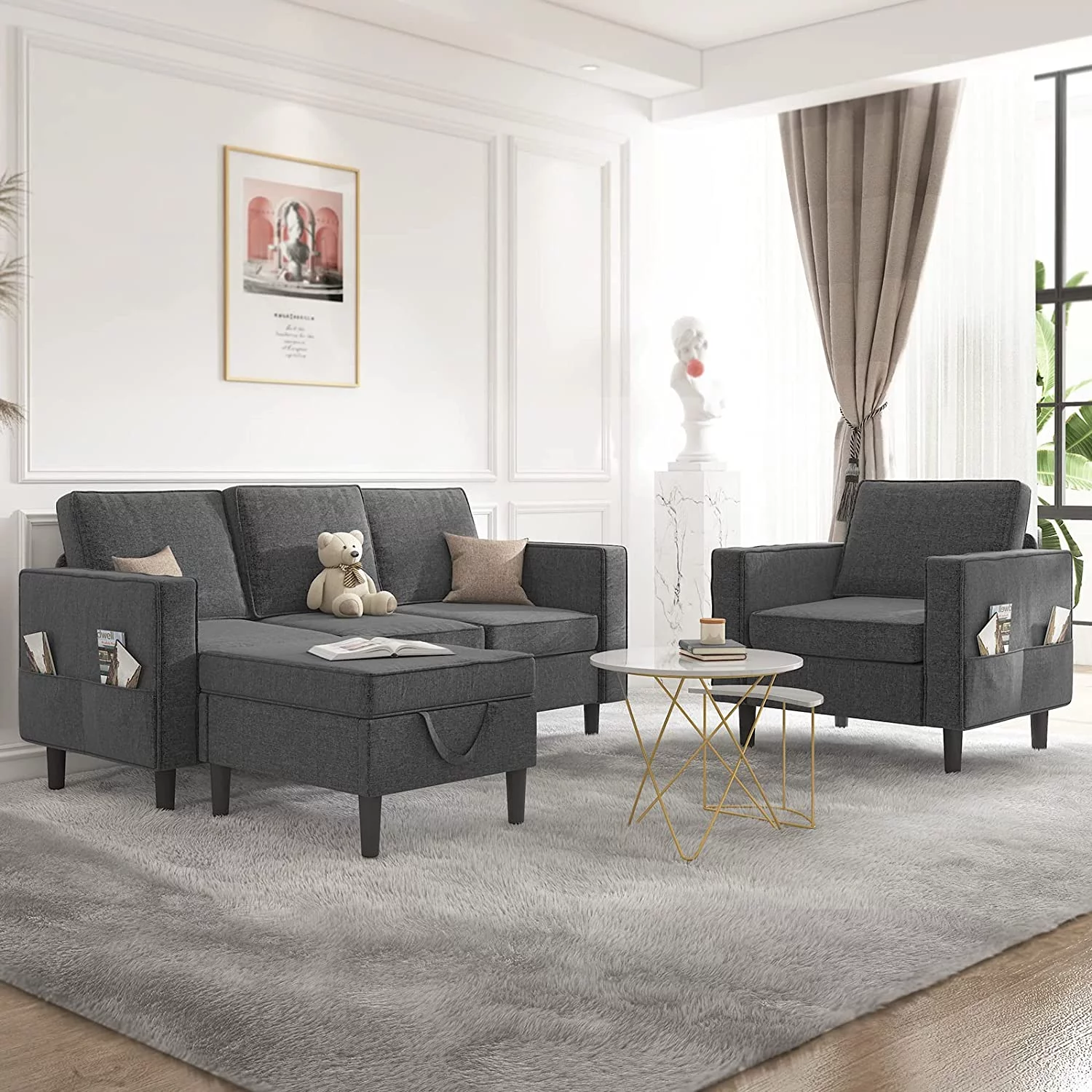 Mjkone Convertible Sectional Sofa Couch with Storage Ottoman, 3 Pcs Couch Set with Storage Pockets, Sectional Couches for Living Room, 3-Seater + Ottoman+ 1-Seater (Dark Gray)
