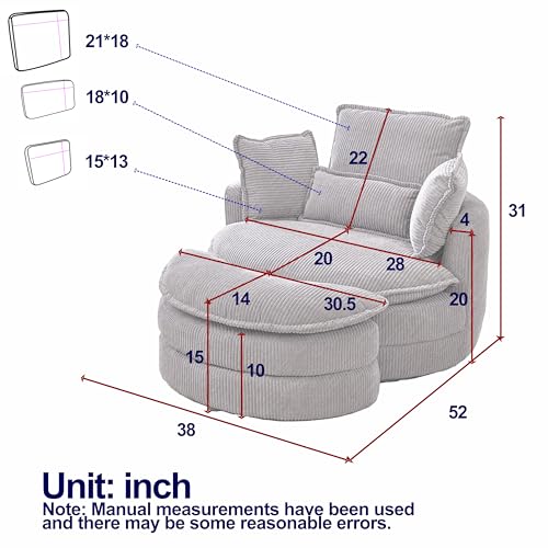 360°Swivel Accent Barrel Chair with Storage Ottoman Set, Modern Oversized Reading Armchair with Armrest Tray and Adjustable Headrest, Comfy Corduroy Chaise Lounge Couches for Living Room Hotel Club