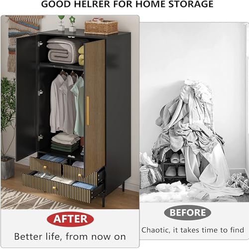 Armoire Wardrobe Closet with 2 Fluted Doors,64.96" Wooden Clothes Storage Cabinet with Hanging Rod and Shelf Storage,Wardrobe Cabinet with 3 Drawers,Freestanding Closet for Bedroom,White