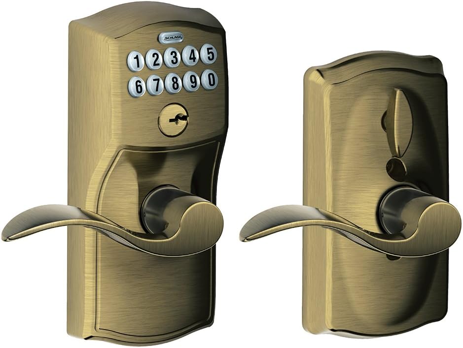 SCHLAGE FE595 CAM 619 GEO Camelot Keypad Entry with Flex-Lock and Georgian Style Knobs, Satin Nickel