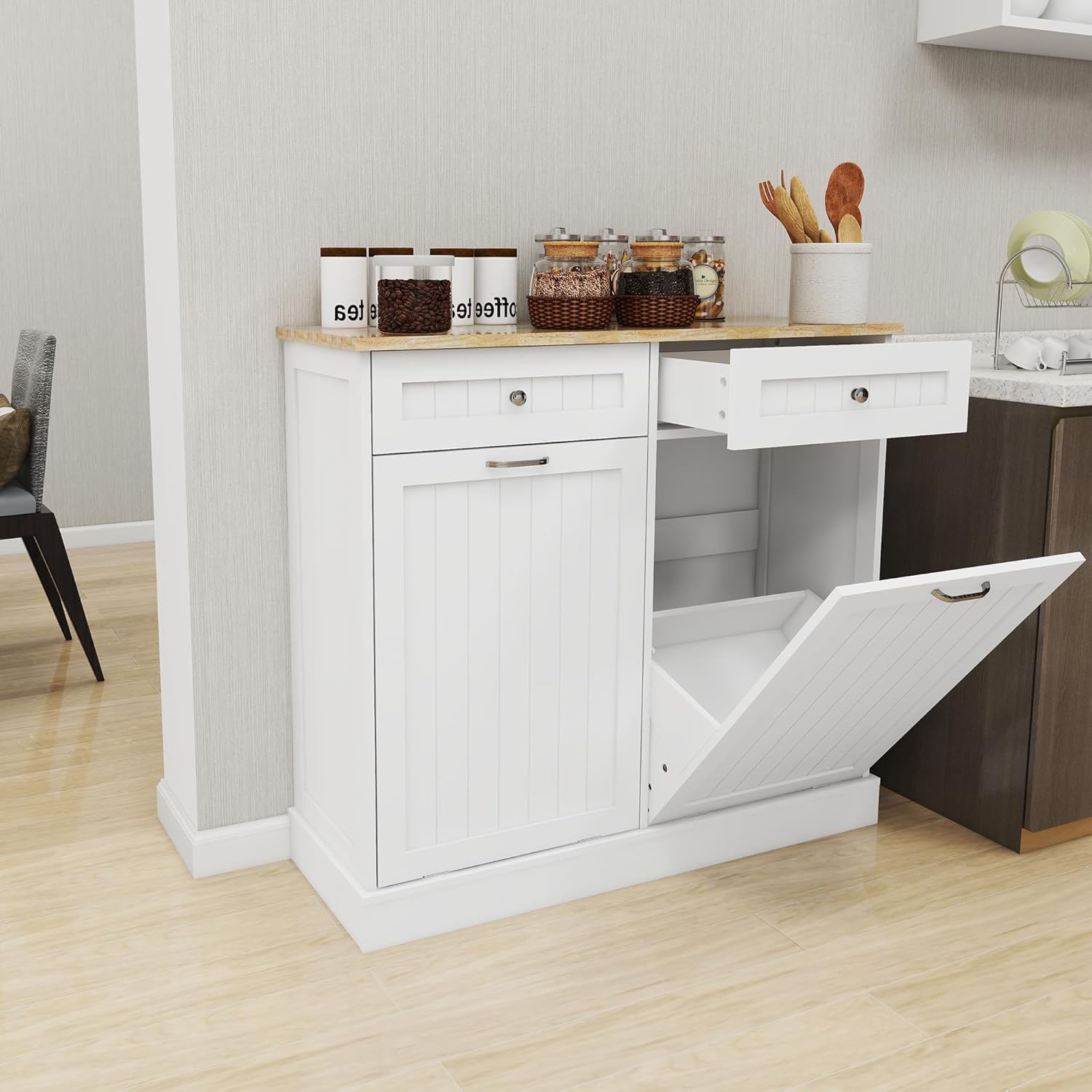 Ucloveria Double Tilt Out Trash Cabinet, Free Standing Garbage Can Cabinet 2 Drawer Tilt-Out Laundry Sorter Cabinet, Hidden Trash Can Holder Recycling Cabinet with Wood Tabletop for Kitchen