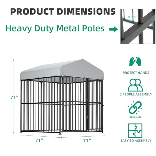 VIVIJASON 4 x 4 x 5 Ft Large Outdoor Dog Kennel, Heavy Duty Metal Frame Dog Cage with Thickened Bars, UV & Waterproof Cover, Outside Pen Playpen Dog Run House for Large to Small Dogs