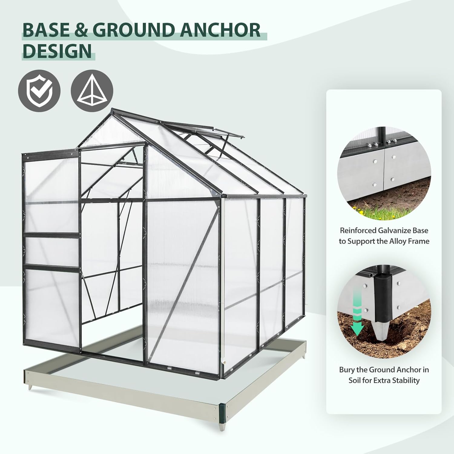 EAGLE PEAK 6x6x7 Outdoor Walk-in Hobby Greenhouse with Adjustable Roof Vent and Rain Gutter, Base and Anchor, Polycarbonate Aluminum Green House for Backyard Garden, Gray
