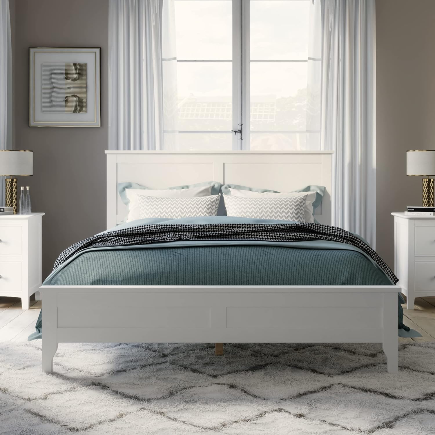 Full Size Platform Bed, Modern Style Wooden Bed Frame Full Wood Platform Beds with Headboard for Bed Room, No Box Spring Needed (White)