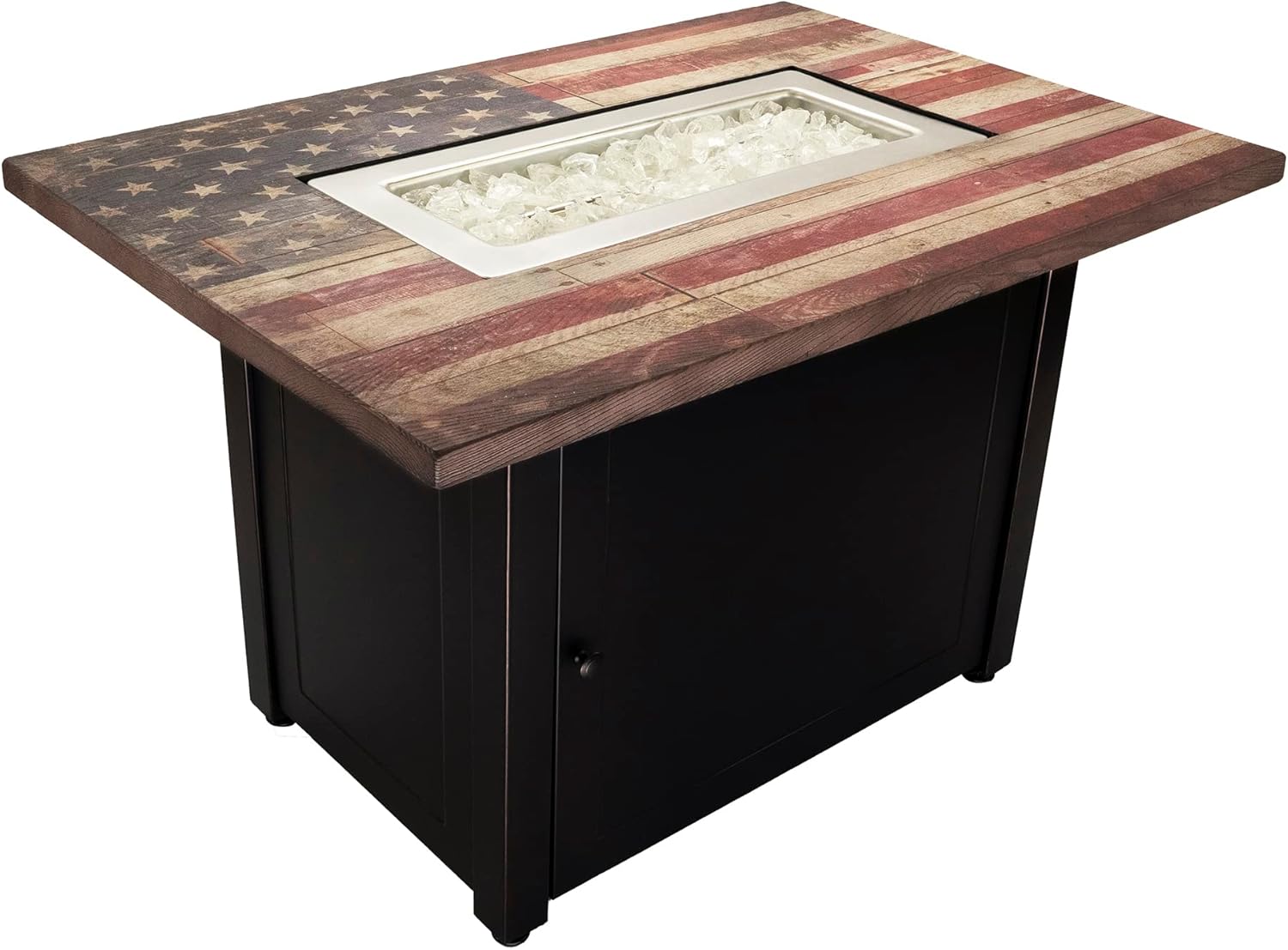 Endless Summer The Americana 40 x 28 Inch Rectangular 40,000 BTU Patio Outdoor LP Gas Fire Pit w/ White Fire Glass, American Flag Mantel, and Cover
