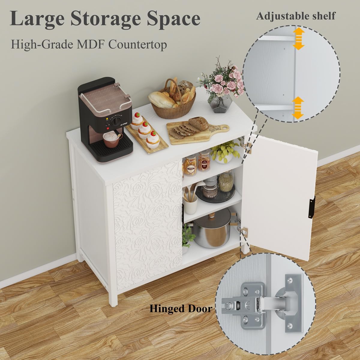 BON AUGURE Buffet Cabinet with Storage, Kitchen Sideboard Storage Cabinet with Doors and Shelves, Wood Credenza Coffee Bar Cabinet for Home, Modern Accent Cabinet for Entryway (White Floral)