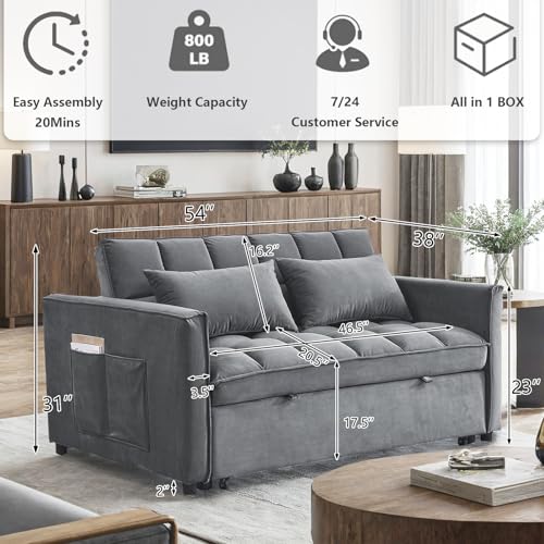 3 in 1 Convertible Sleeper Sofa Bed,Futon Loveseat Couch with Pull-Out Bed & Adjustable Backrest,Velvet Fabric Sofa with Side Pocket for Small Apartment, Living Room, Office (Black)
