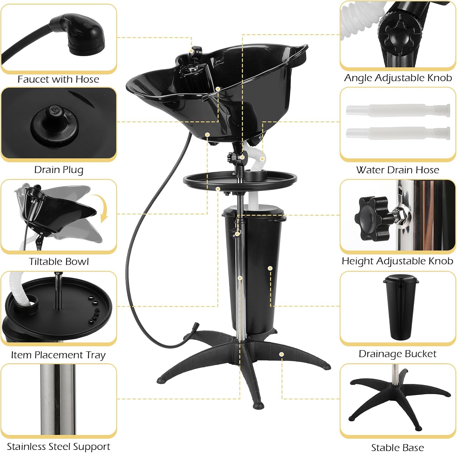 Dyna-Living Portable Shampoo Bowl Salon Deep Shampoo Basin Sink for Washing Hair with Adjustable Height, Includes Drain Hose and Bucket, Barber and Stylist Hair Washing Station
