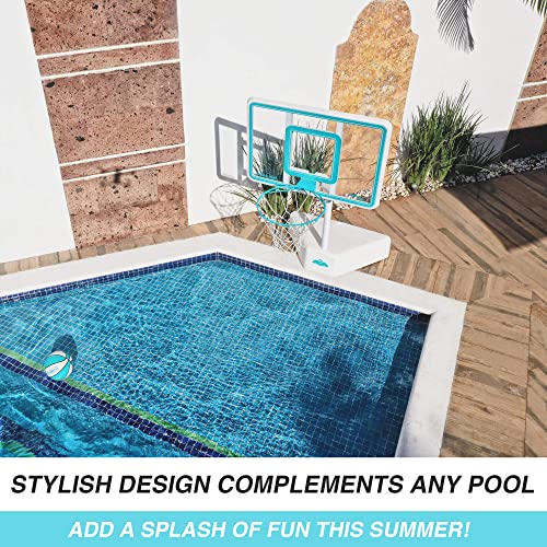 Dunn-Rite Splash & Shoot Outdoor Adjustable Height Swimming Pool Basketball Hoop w/Ball, Base, & 18 Inch Stainless Steel Rim for Adults & Kids, Choose Clear or White (Clear Xtreme Blue)