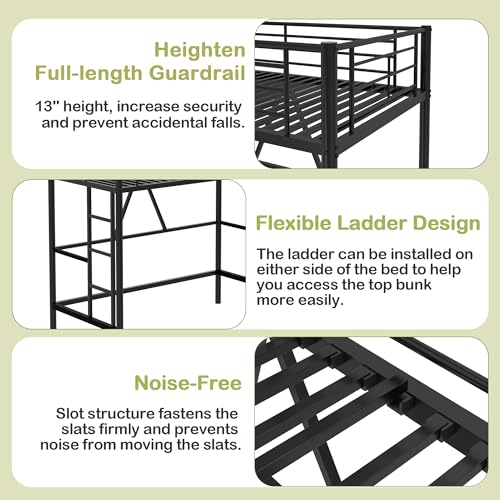 VECELO Metal Loft Bed Twin Size, Heavy Duty Bedframe with Removable Ladder and Safety Guardrail, Space-Saving, Noise Free, No Box Spring Needed, Off White