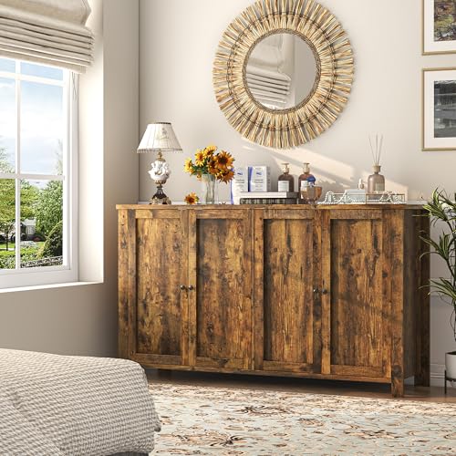 Buffet Cabinet with Storage Farmhouse Buffet Sideboard with 4 Doors, 55'' Large Kitchen Storage Cabinet Wood Coffee Bar Buffet Table for Kitchen, Dining Room, Entryway