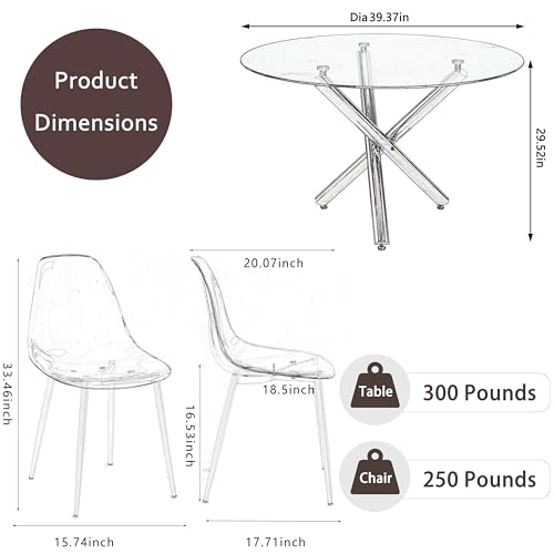 Round Glass Dining Table Set for 4, 47'' Circle Dining Table Set, Glass Dining Room Table Set for 4 with Clear Acrylic Chair, Kitchen Table Chairs Set with Round Base for Dining Room,Amber