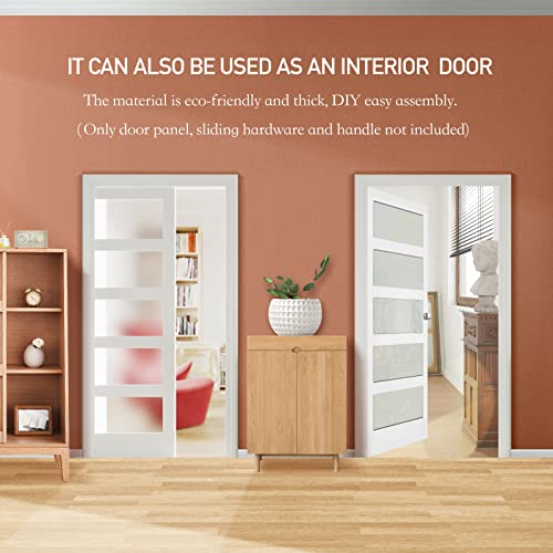 Double Sliding Pocket Door 60"（30" x2） x 80" - 5 Lites Tempered Frosted Glass Panels, Interior & Closet Single Door Slab, White Primed - Panel Assembly (Needed without Hardware Kit