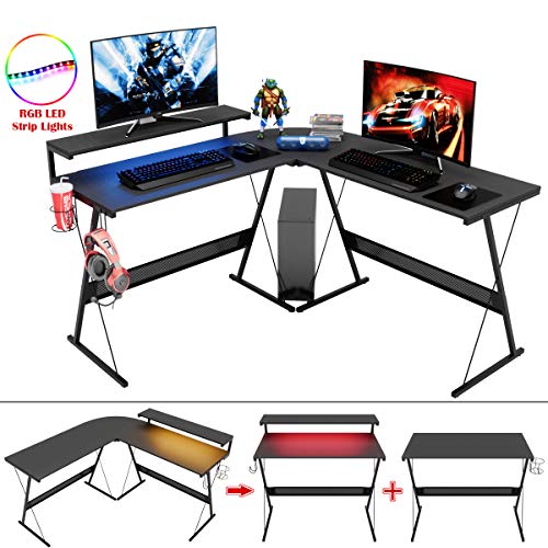 Bestier L Shaped Gaming Desk with LED 55 Inch, Large Monitor Shelf Cup Holder Headset Hook 3 Setup Ways Reversible 72 Inch Long Desk for 2 Persons, Carbon Fiber Black