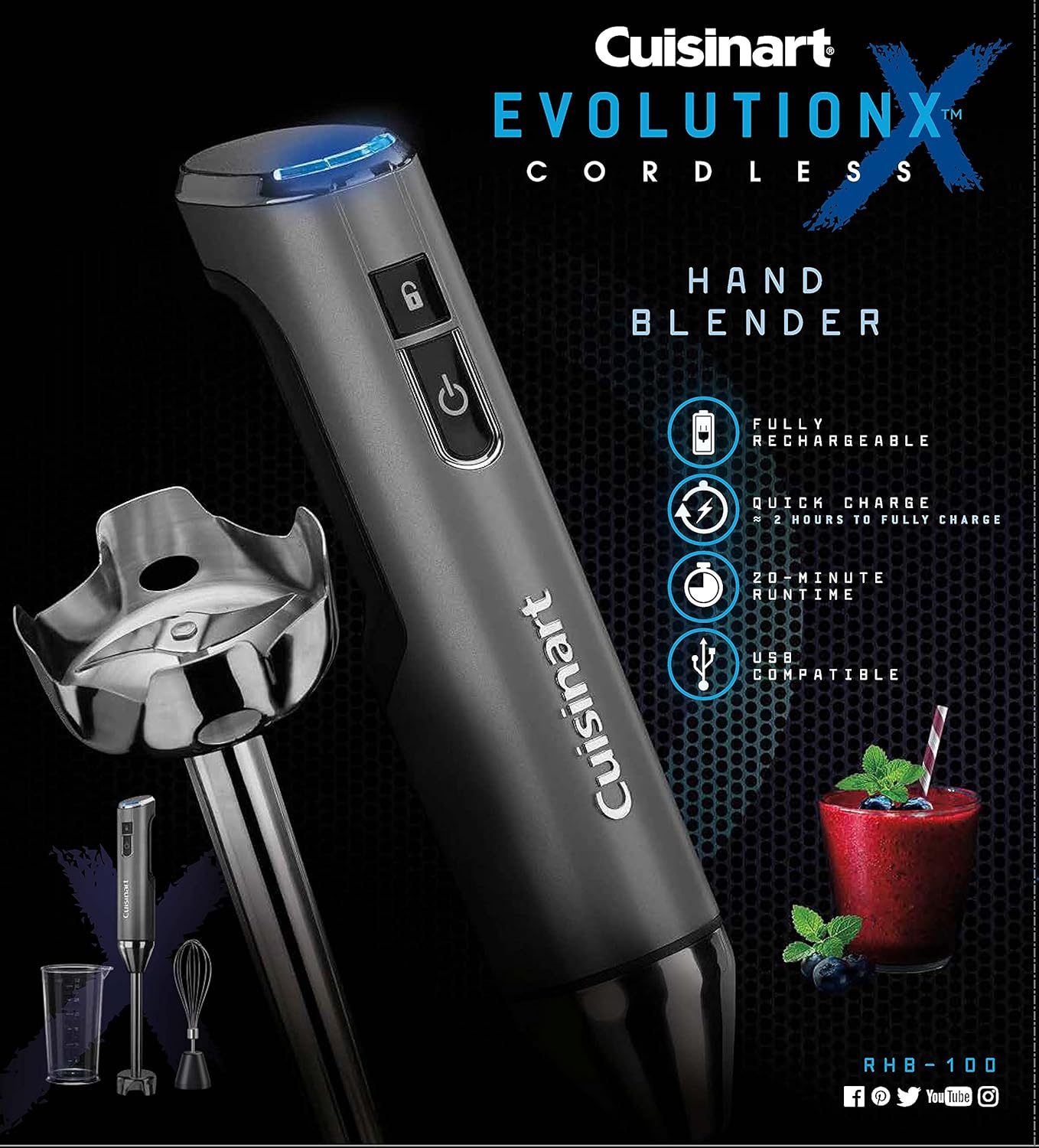 Cuisinart RHB-100 EvolutionX Cordless Rechargeable Hand Blender Gray/Black 2.4"(L) x 2.34"(W) x 16.28"(H) Pack of 2