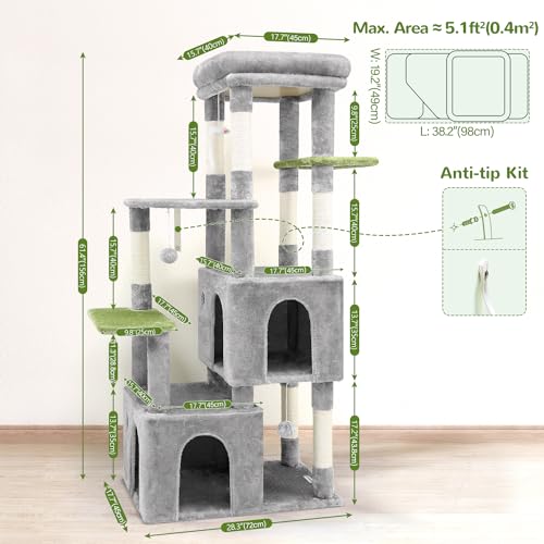 F61 Cat Tower for Indoor Cats, Heavy Duty Cat Trees for Large Cats Adult Big Cats Maine Coon Cat Tree Tower with Scratching Post, Extra Large Top Perch, Cat Condos, Light Grey, 61inch