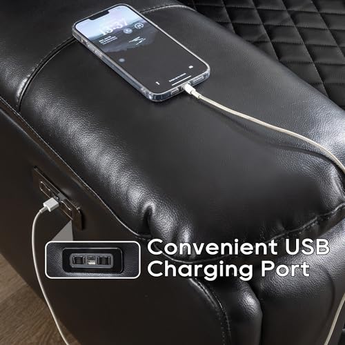Power Reclining Sofa Couch with Wireless Charger, 3 Seaters with Recliner, Faux Leather Electric 3 Seat Sofa Sectional Set with LED light for living room,Home Theater Seating With Drop-Off Table,Black