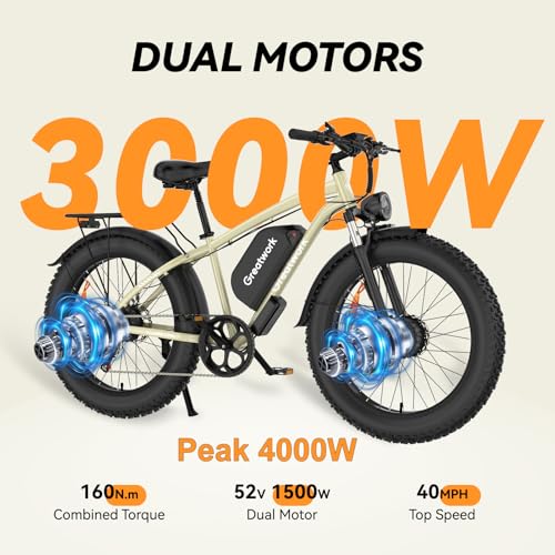 Dual Motor Electric Bike for Adults, 52V 4000/5000W Peak Motor, 40/45MPH, 1300Wh Battery, Up to 100 Miles Range, 26" x 4.0 Fat Tire Ebike with 7-Speed, Suspension, Turn Signals and Dual Disc Brakes