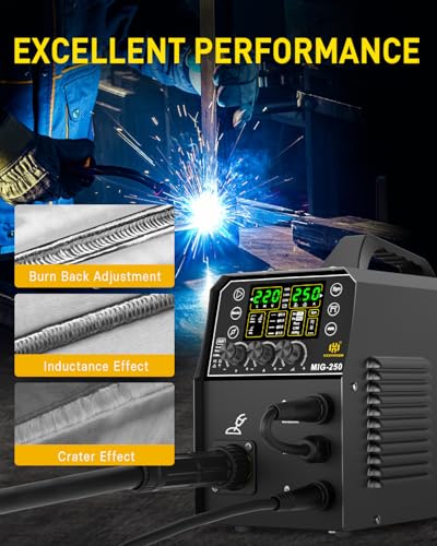 HZXVOGEN 250A Aluminum MIG Welder 5 in 1 LED Display Multi-process Welding Machine 110/220V IGBT Inverter Gas MIG/Gasless Flux Core/Lift TIG/Spot Welding/Stick ARC MMA Welder Machine Large LED Display