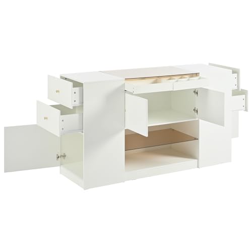 Wardrobe Armoire Bedroom Island with Glass Top, Glass Display Shelf & 6 Drawers, Wooden Closet Storage Cabinet with Open Shelves for Bedroom, Shops, Walk-in-Wardrobe, White