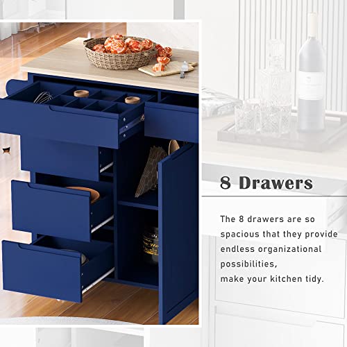53" Mobile Kitchen Storage Islands with 8 Handle-Free Drawers Including a Flatware Organizer, Rolling Kitchen Island Cart with Storage Cabinet, Modern Kitchen Island Cart with Rubber Wood Top, White