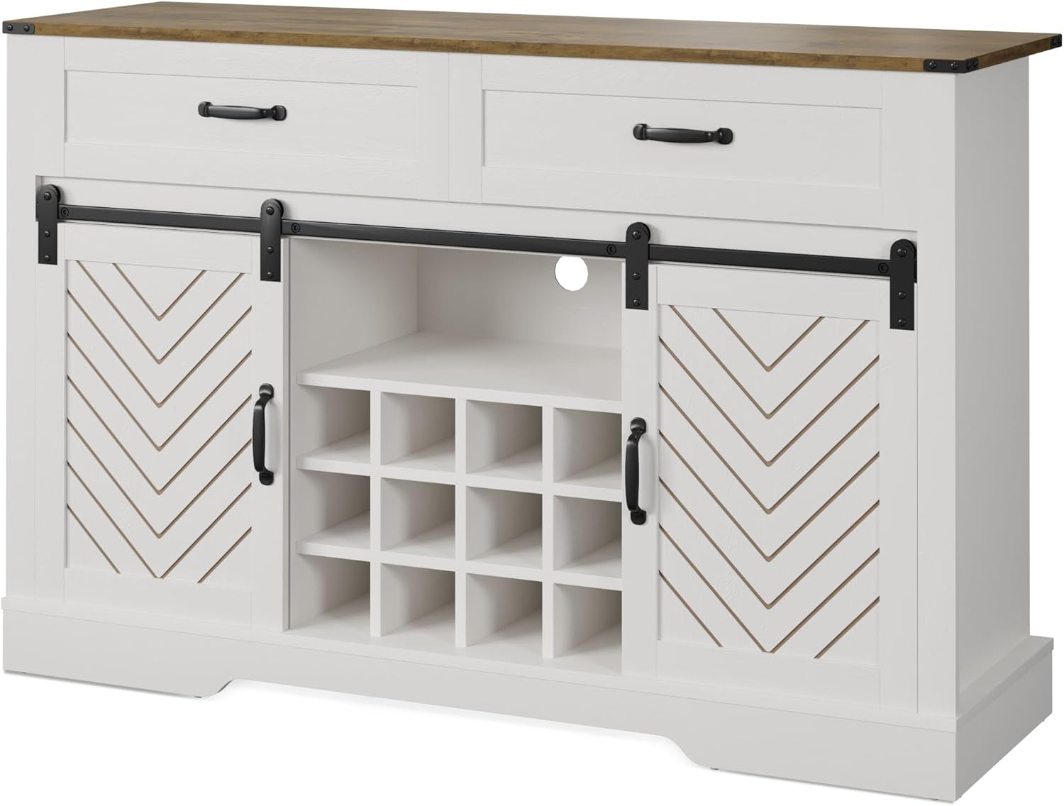 Farmhouse Storage Sideboard Buffet Coffee Bar Cabinet with Sliding Barn Door, 3 Drawers, Wine and Glass Rack - White & Oak
