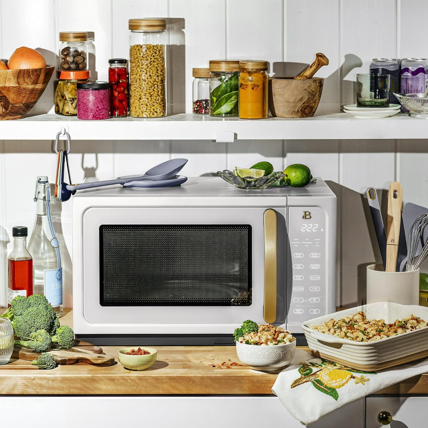 Beautiful By Drew Barrymore 1.1 Cu Ft 1000 Watt Sensor Microwave Oven with Turntable, White Icing