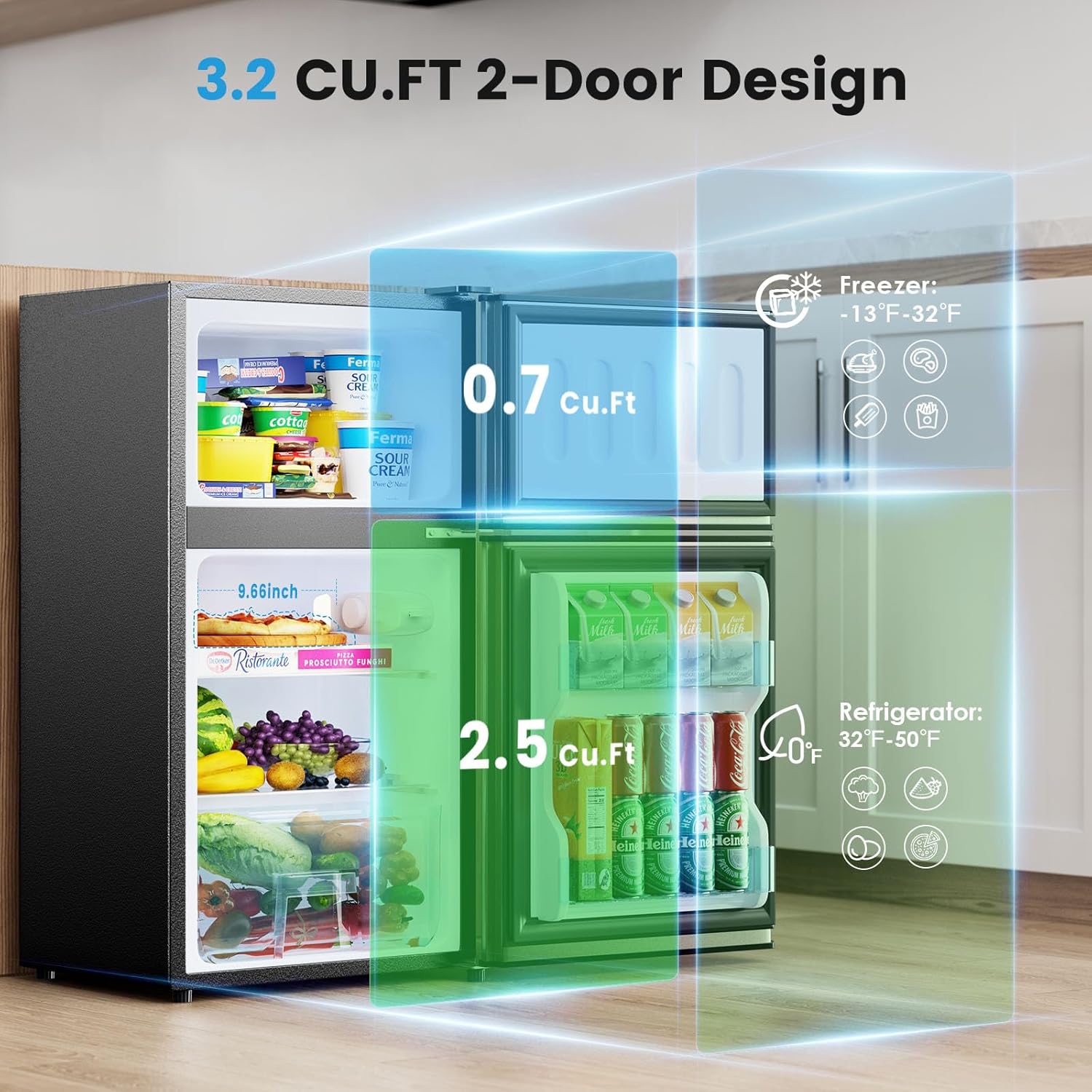 Mini Fridge with Freezer Quite: 3.2 Cu.Ft Mini Refrigerator with 2 Doors - Compact Small Refrigerator - for Bedroom Dorm Office Apartment Fridge - Champagne