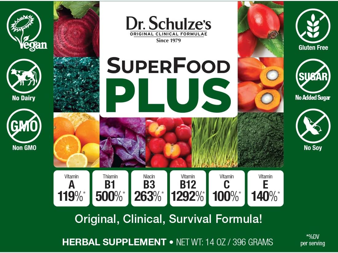 Dr. Schulze’s - SuperFood Plus | Vitamin and Mineral Herbal Concentrate | Daily Nutrition | Gluten-Free and Non-GMO | Vegan | 14 Ounce Powder | Packaging May Vary Pack of 2