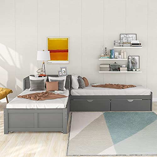 Harper & Bright Designs L-Shaped Corner Platform Beds with Trundle, Wood Double Twin Size Beds with 2 Drawers, Built-in Table for Family Kids Teens Bedroom Furniture (Grey)