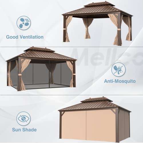 MELLCOM 12'x16' Hardtop Gazebo, Galvanized Steel Metal Double Roof Canopy with Curtains and Netting, Brown Permanent Pavilion Gazebos with Aluminum Frame for Garden, Patio, Lawns, Deck