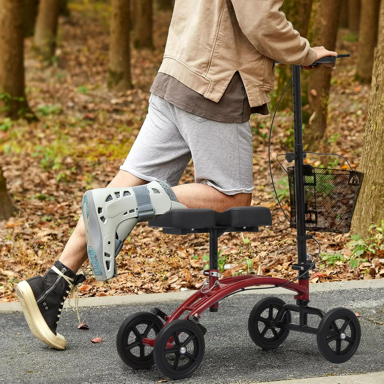 Knee Walker Compact Heavy Duty Roller Scooter Adjust Height 7.5'' Wheels Knee Scooter with Right Handbrake and 15" Length Knee Pad for Ankle and Foot Injured 350lbs Capacity, Red