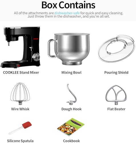 COOKLEE Stand Mixer, 9.5 Qt. 660W Electric Kitchen Mixer with Dishwasher-Safe Dough Hooks, Flat Beaters, Wire Whip & Pouring Shield Attachments for Most Home Cooks, Silver